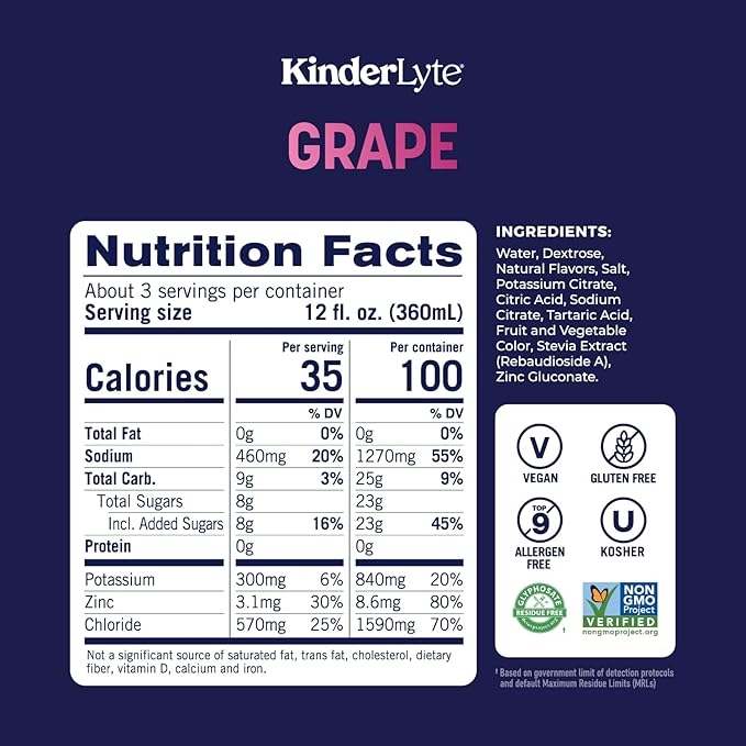 KinderLyte Electrolyte Solution for Kids and Adults - Hydration Drink (Grape 6 Pack) No Artificial Sweeteners or Flavors No Synthetic Dyes Vegan Non-GMO Gluten-Free