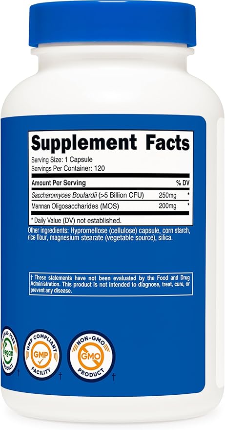 Nutricost Saccharomyces Boulardii + MOS Capsules (&gt5 Billion CFU) 120 Capsules - Prebiotic + Probiotic 200mg of MOS Per Serving