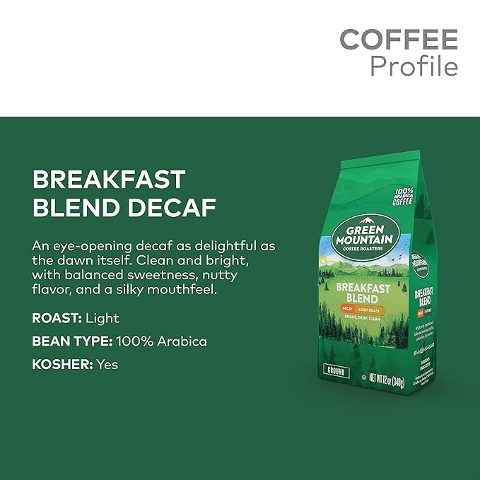 Green Mountain Coffee Roasters Breakfast Blend Decaf Ground Coffee Decaffeinated Light Roast Bagged 12oz. (Pack of 2)