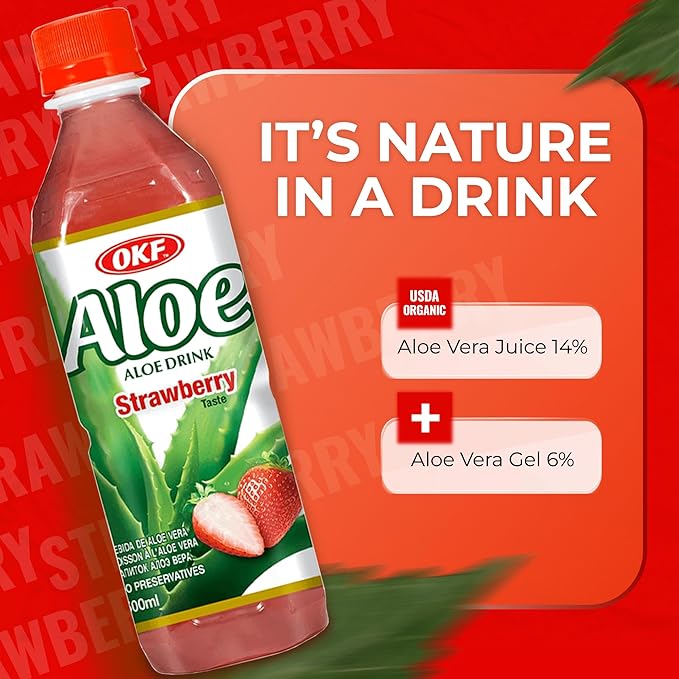 OKF Aloe Vera Drink Juice with Pure Aloe Pulp Variety 16.9 oz. (Strawberry Pack of 20) Plant Based Drink Korean drinks