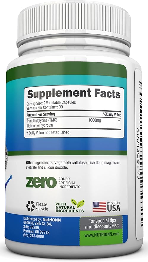 TMG Trimethylglycine Supplement - 1000mg - 180 Capsules - Premium Pure Betaine Anhydrous - Supports Normal Homocysteine &amp Blood Pressure Levels - Promotes Methylation Processes - Non-GMO Formula
