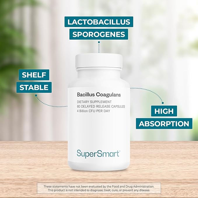 Supersmart Bacillus Coagulans Probiotic 4 Billion CFU per Day (High Absorption) - Lactobacillus Sporogenes Supplement | Non-GMO &amp Gluten Free - 60 Delayed Release Capsules