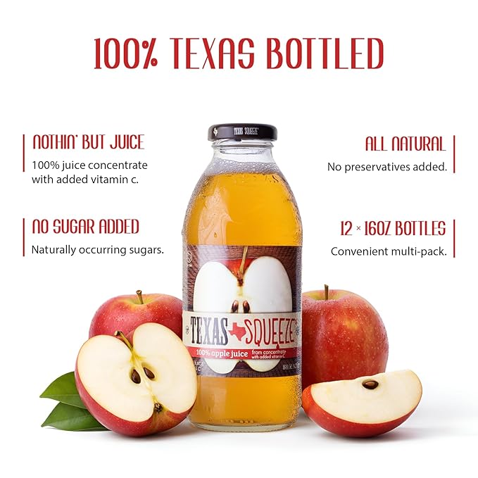 Texas Squeeze Apple Juice NON GMO Verified Bottled in Texas Apple Juice from Concentrate No Sugar Added No Preservatives 16 fl oz Pack of 12