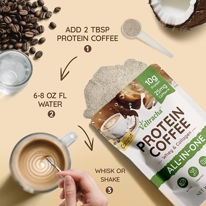 Grass Fed Whey Protein Coffee Collagen Protein Iced Coffee - 10g Protein &amp 0g Sugar Made with Cordyceps Reishi &amp Butter Natural Energy without Jitters Coconut 20 Servings