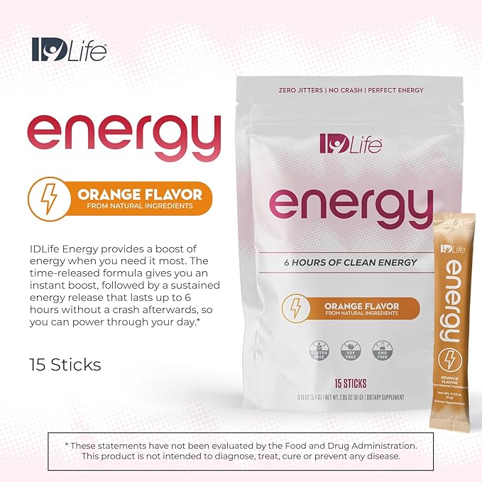 IDLife - Orange Energy Drink Powder - Sustained Energy Boost for Work Gym and Daily Use - 6-Hour Boost No Jitters or Crash - 15 Sticks Per Bag