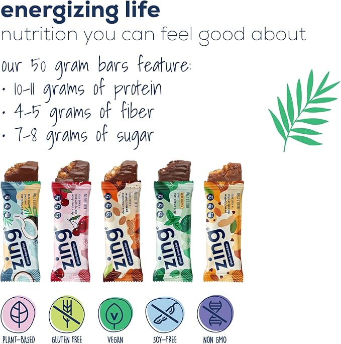 Zing Vegan Protein Bars Variety Pack - Top 5 Flavors Gluten Free Nutrition Bars High Protein &amp Fiber Soy Free Dairy Free Plant Based Protein Kosher Low Sugar No Sugar Alcohols - 12 count
