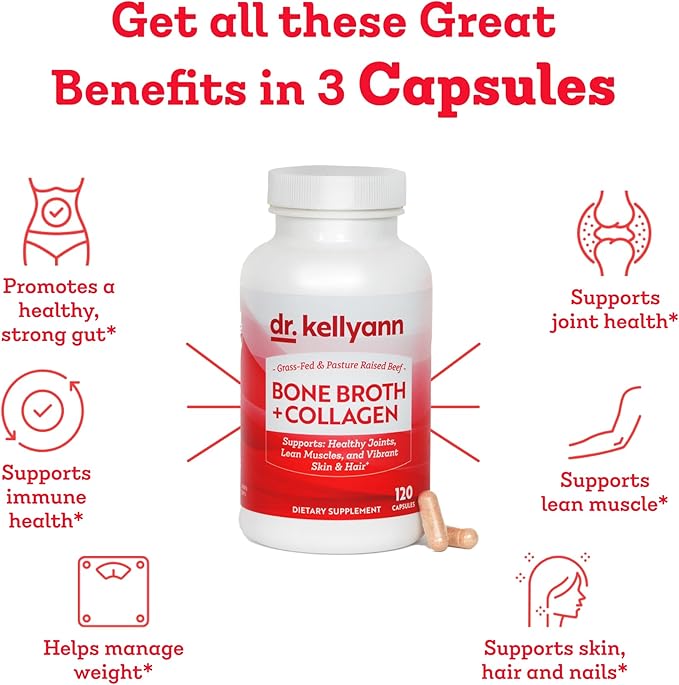 Dr. Kellyann Bone Broth Capsules | 500mg Collagen Per Serving | Supports Gut Health | Joint &amp Cartilage Repair | Skin Hair Nails | Fasting Support | Grass-Fed Beef | Digestive Wellness | 40 Servin