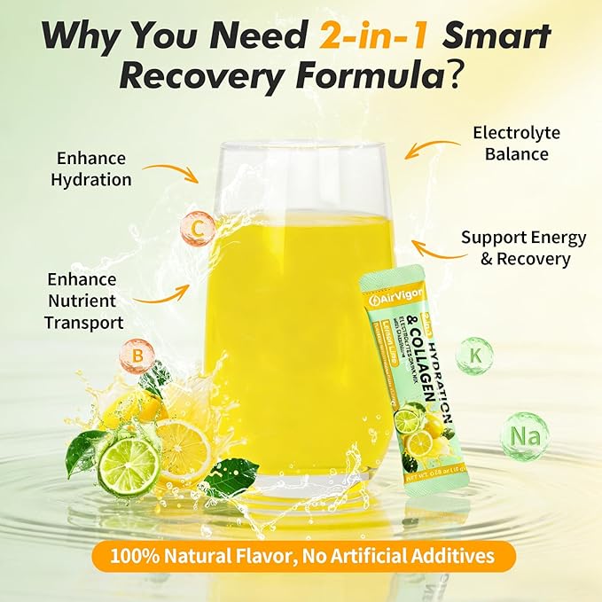 Electrolyte Collagen Powder Packets 10g Collagen Protein Drink Mix for Hydration Recovery Zero Sugar 2-in-1 Post Workout Rehydration Joint Skin Muscle Support 5 Vitamins Lemon Lime