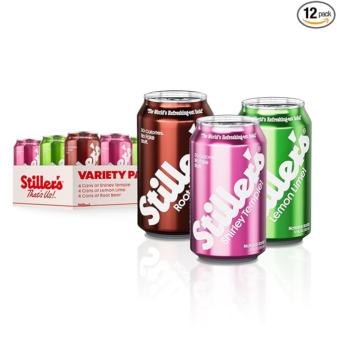 Stiller’s Natural Soda Variety Pack – Shirley Temple Lemon Lime &amp Root Beer – 12pk of Low Sugar Vitamin-Enriched Cans – All-Natural No-Biotic Zero-Guilt Sodas for Real Soda Lovers