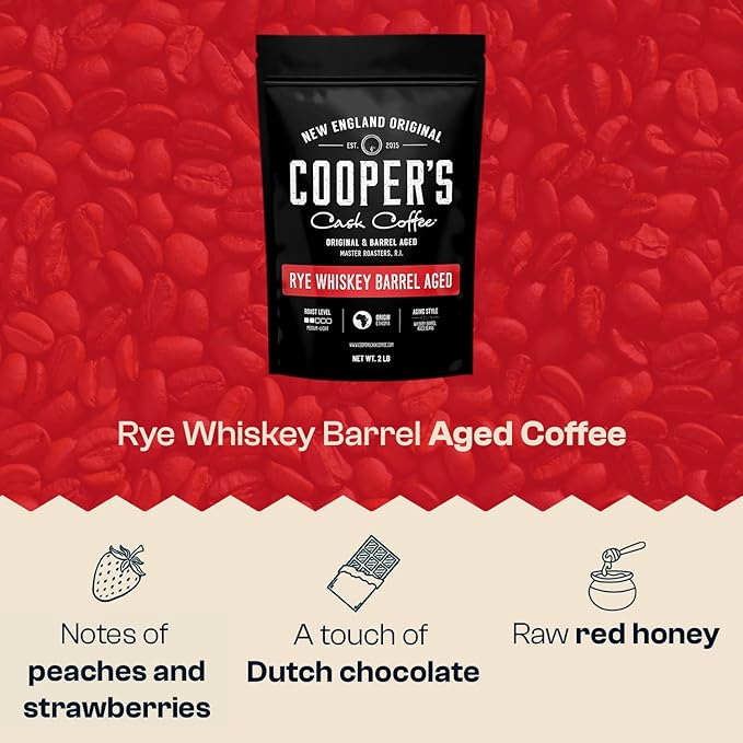 Rye Whiskey Barrel Aged Coffee Single-Origin Ethiopian Beans Aged in Rye Whiskey Barrels Medium Light Roast Whole Bean 2 lb