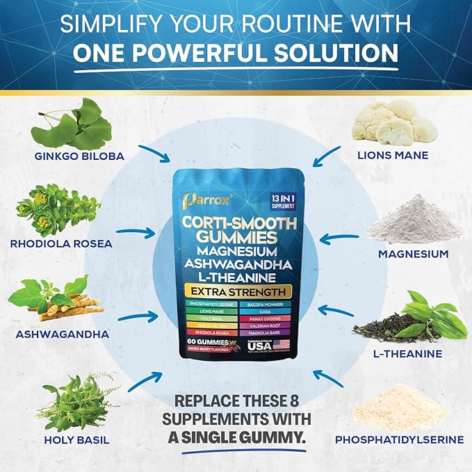 Corti-Smooth Cortisol Support Gummies with Magnesium L-Theanine Ashwagandha Phosphatidylserine Bacopa Monnieri Lions Mane Ginkgo Biloba Valerian Root (Mixed Berry Flavor - 3 Pack)