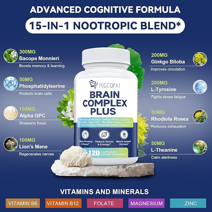 2-Pack Brain Supplements for Memory and Focus | Nootropic with Bacopa Monnieri Lion's Mane Alpha GPC Ginkgo Biloba | Mental Clarity &amp Cognitive Support | Vitamin B6 &amp B12 Neuro Health