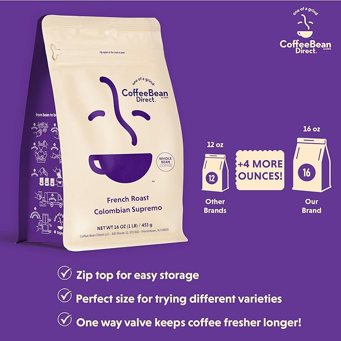 Coffee Bean Direct French Roast Colombian Supremo Whole Bean Coffee Arabica Coffee Dark Roast 1 Pound Bag (Pack of 1)