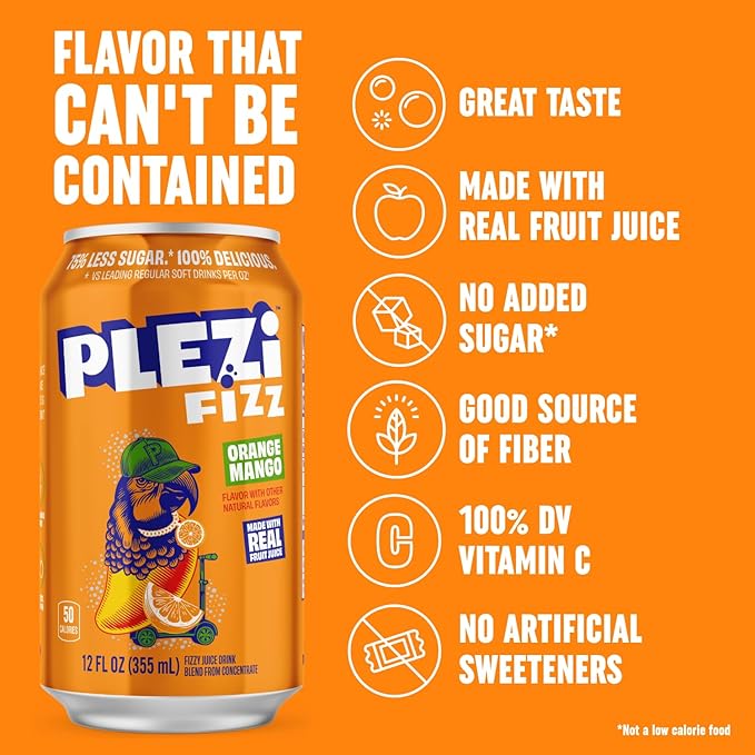 PLEZi Hydration &amp Sparkling Juice Drink Bundle – Tropical Punch x Stephen Curry &amp FiZZ Orange Mango – No Added Sugar Low Sugar 2X Electrolytes &amp Fiber – 16.9 Fl Oz + 12 Fl Oz (24 Pack To