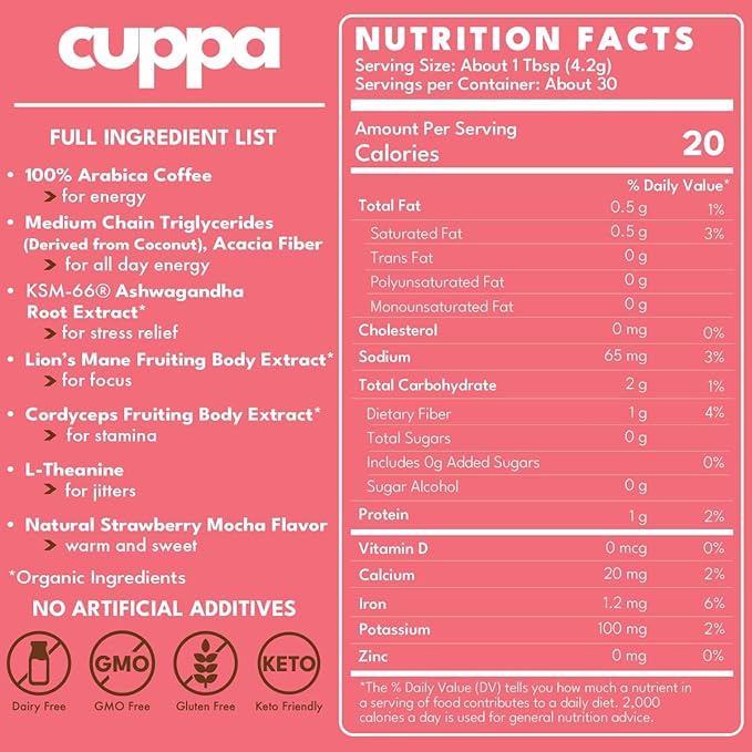 Cuppa Coffee - Great tasting Straberry Mocha coffee with mushrooms adaptogens &amp superfoods - Lion's Mane Ashwagandha Cordyceps MCT Prebiotic Fiber &amp L-Theanine. Supports natural energy &a