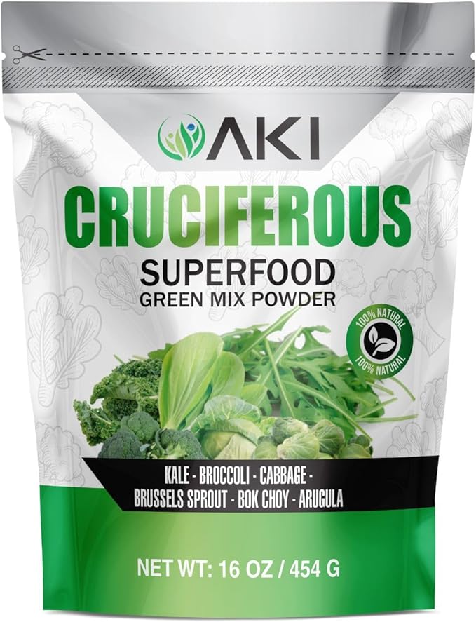 AKI Cruciferous Superfood Green Mix Powder - Made from Kale Broccoli Brussels Sprouts Cabbage - Packed with Essential Phytonutrients &amp Vitamins ((16oz/454g))