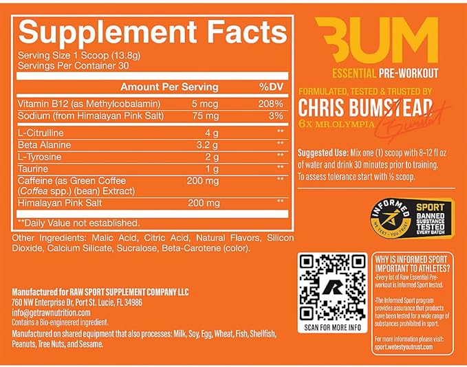RAW Essential Pre-Workout Powder (Orange) - Chris Bumstead Sports Nutrition Supplement for Men &amp Women - Preworkout Energy Powder with Caffeine L-Citrulline L-Tyrosine &amp Beta Alanine Blend