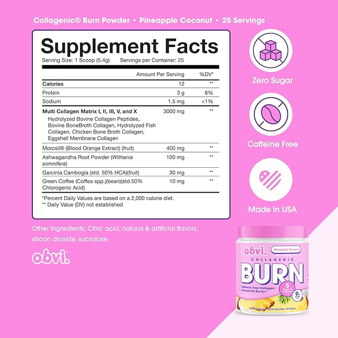 Obvi Collagenic Burn Powder | Multi-Collagen Peptide Blend with GBB Ashwagandha &amp Green Coffee | Pineapple Coconut 25 Servings
