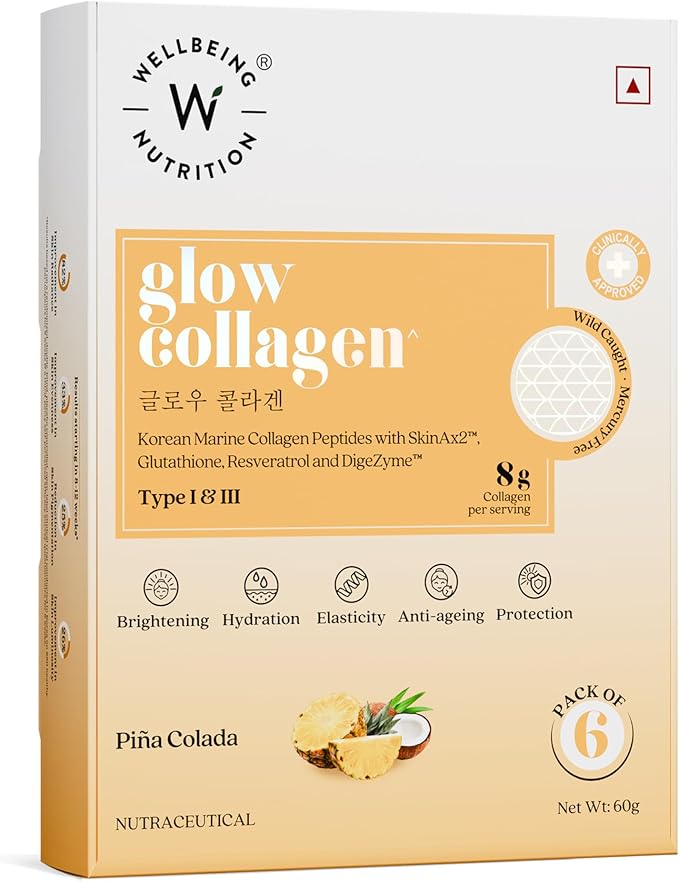 WELLBEING NUTRITION Glow Korean Marine Collagen | Clinically Proven Type 1 &amp 3 Peptides SkinAX Glutathione Resveratrol | Pinacolada - 6 Sachets