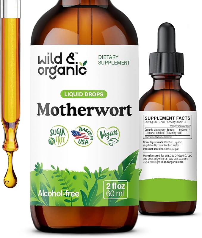 Wild &amp Organic Motherwort Tincture - Good Mood Calmness Women's Support - Motherwort Herb Extract Drops - Vegan Sugar &amp Alcohol-Free Supplement - 2 fl oz