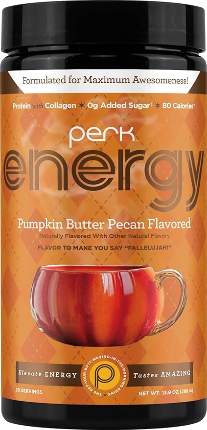 Perk Energy Drink Mix (Pumpkin Butter Pecan) 20 Servings - Caffeinated Healthy Coffee Alternative with Protein 100mg of Caffeine Gluten-Free Soy-Free Peanut-Free