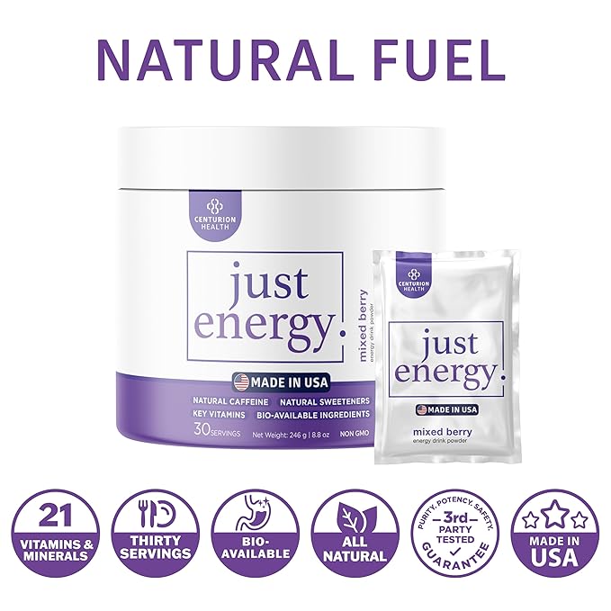 Just Energy Drink Powder Refreshing Mixed Berry Energy Drink Mix with 21 Energy-Boosting Ingredients Includes B Vitamins Choline Zinc Chromium and Inositol 30 Servings