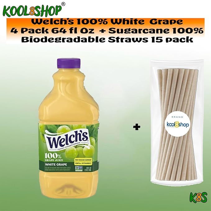 Welch's 100% White Grape Juice Drink 64 fl oz Plastic Bottles 4 Pack + 15 Sugarcane Disposable Straws by KOOL8SHOP Infinite Deals