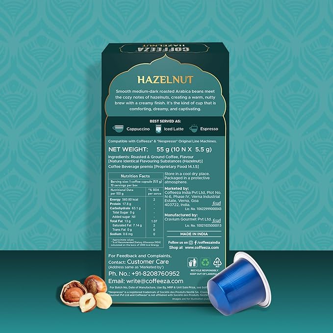 Coffeeza Espresso Coffee Pods Hazelnut Compatible with Nespresso Original Line Espresso Machines Medium Roast Intensity – 7 Arabica Aluminium Coffee Capsules 3 Pack - 30 Single Serve Pods