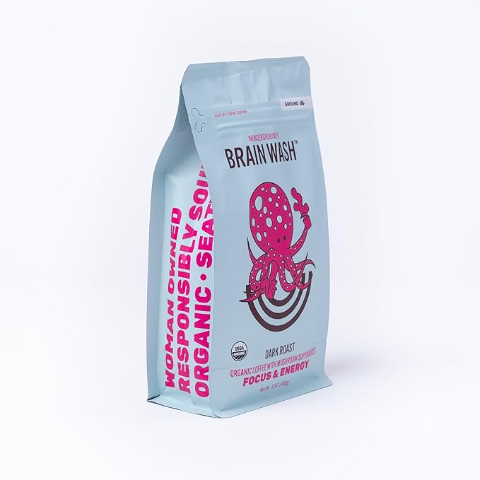 Wunderground's Brain Wash Dark Roast Organic Ground Coffee with Mushroom SuperBoost (12 oz Bag)