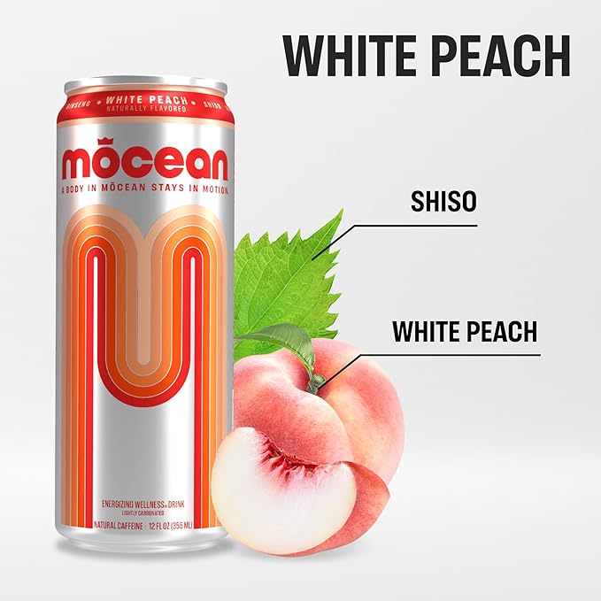MŌCEAN White Peach Energy Drink 12 fl oz (Pack of 12) Clean Adult Energy Drink with 130mg Caffeine Adaptogens &amp Minerals No Taurine No Sucralose No Candy Flavors
