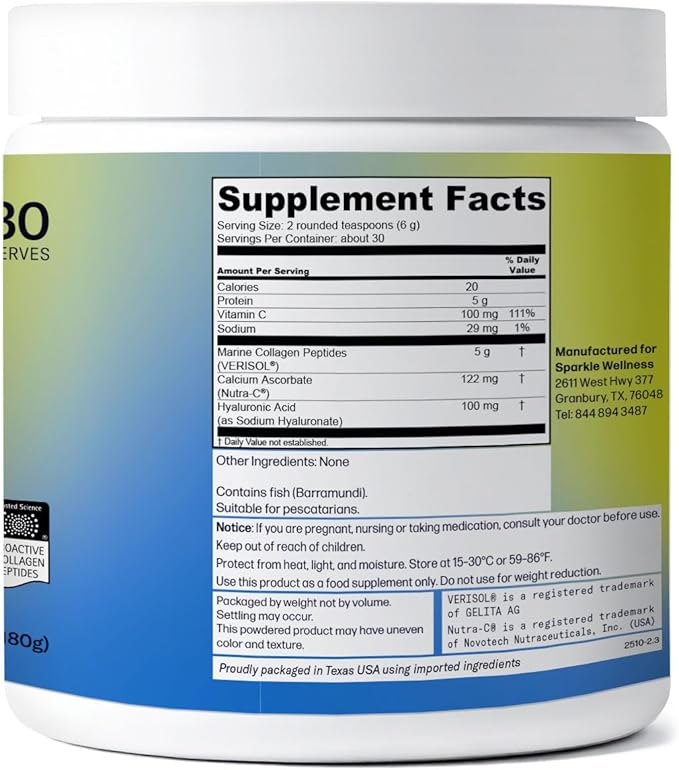 Sparkle Wellness Marine Skin Boost Plus (No Flavor) [30-Serves] | Collagen Powder Supplement with Marine-derived VERISOL Bioactive Hydrolyzed Collagen Peptides Vitamin C &amp Hyaluronic Acid