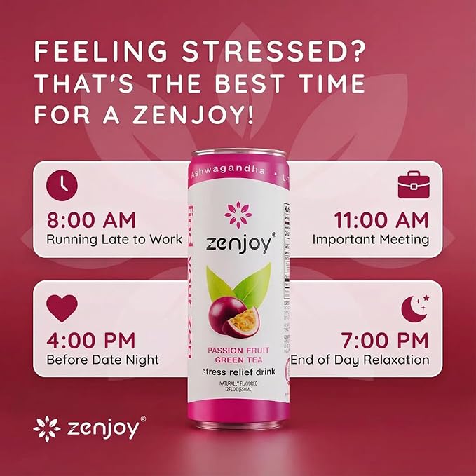 Zenjoy Stress Relief Drink Calming Green Tea Non Alcoholic Ashwagandha &amp Lemon Balm for Stress Relief L - Theanine for Focus (12 Pack) (Passion Fruit)