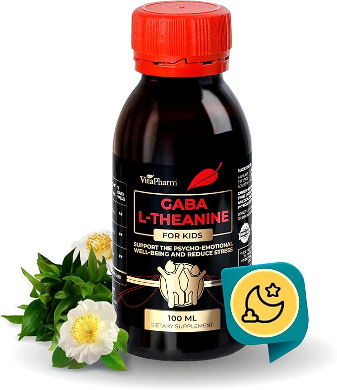 GABA L-Theanine Supplement for Kids - Liquid GABA with Vitamin B6 - Supports Emotional Well-Being Stress Relief Relaxation and Cognitive Health - 100 ml Non-GMO L-Theanine Liquid Formula