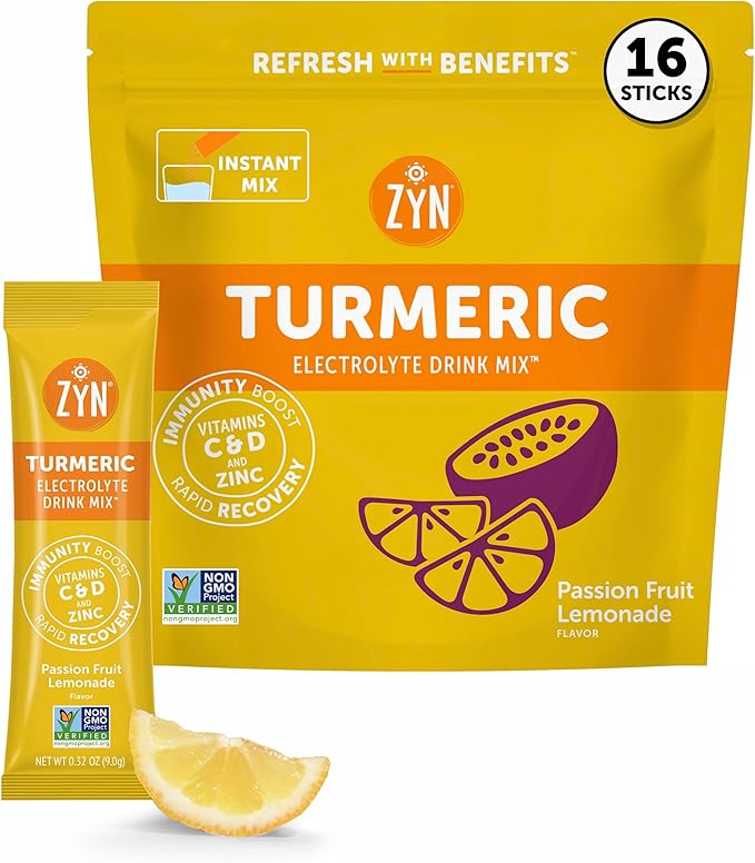 ZYN Electrolytes Powder Hydration Packets with Vitamins Zinc &amp Turmeric Curcumin for Gut Health Immune Support Low Sugar Electrolyte Drink Mix Packets with Piperine Passion Fruit Lemonade 16