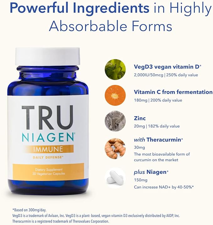 TRU NIAGEN Immune Support Supplement - Daily Defense - Vitamin C from Fermentation Vegan Vitamin D3 2000 IU Zinc Plus Theracurmin (Curcumin) + Multi Award-Winning NAD Boosting Niagen 150mg 30ct