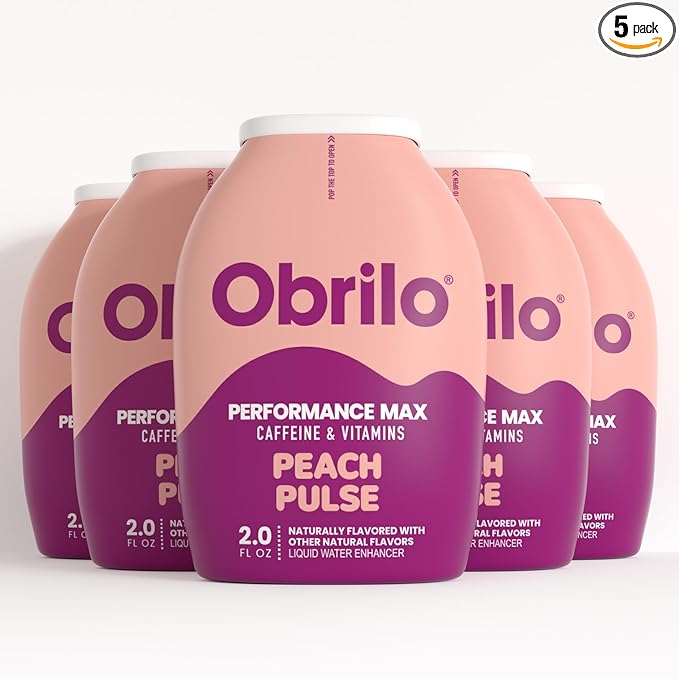 Obrilo Performance Energy Dye Free Water Enhancer - L-Theanine + Taurine + Vitamin Complex + Ginseng + Guarana Seed 2.0 Fl. Oz. x 5 Bottles (Peach Pulse)