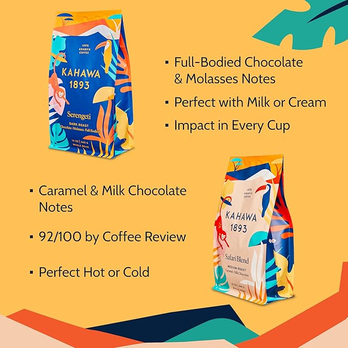 Kahawa 1893 Whole Bean Coffee Combo Pack Safari &amp Serengeti Blend (12 Oz x 2) - As Seen on Shark Tank High Antioxidants Naturally Sweet Organically Grown Ethically &amp Sustainably Sourced