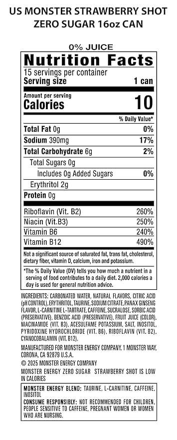Monster Energy Zero Sugar Strawberry Shot Green Original Sugar Free Energy Drink 16 Ounce (Pack of 15)