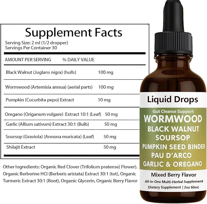 Prozen Wormwood Gut Cleanse Liquid Drops Black Walnut Wormwood Clove Liquid Extract with Soursop &amp Oregano Oil - Supports Digestive Health Energy Boost - 2 Fl Oz (1)