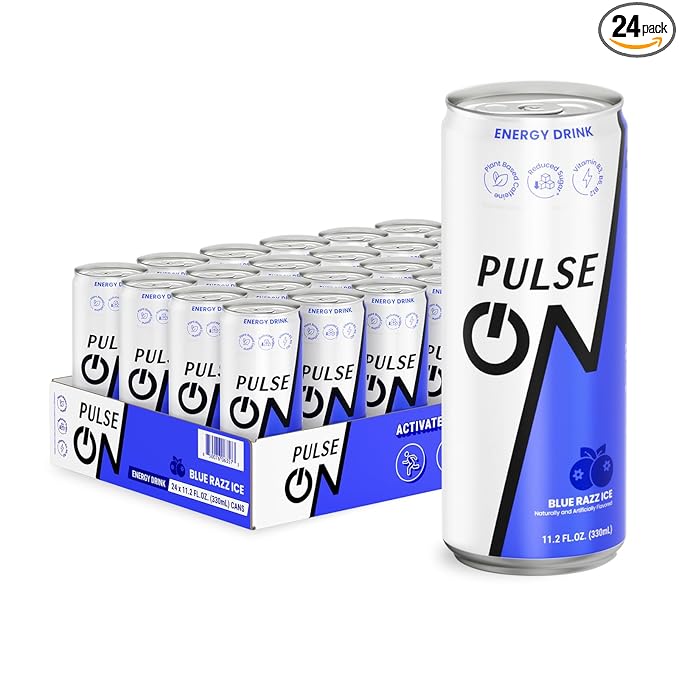 PulseOn Energy Drink- 200mg Natural Caffeine Taurine and Vitamin B|Blue Razz Ice Reduced Sugar 11.2 fl oz((Pack of 24)
