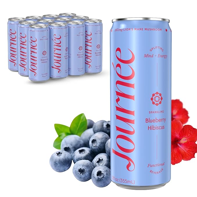 Journée Wellness Energy Drink Natural Caffeine Lion’s Mane L-Theanine 125 mg Caffeine Real Fruit Juice All Natural 0 Added Sugar Cognition Immunity - Blueberry Hibiscus – Pack of 12