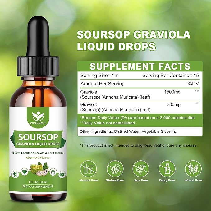 (2 Pack) Soursop Graviola Liquid Drops - 1800mg Soursop Extract - High Absorption Sour sop Bitters Liquid for Cell Support &amp Regeneration Immune Support Antioxidant Relaxation Sugar Free - 1 F