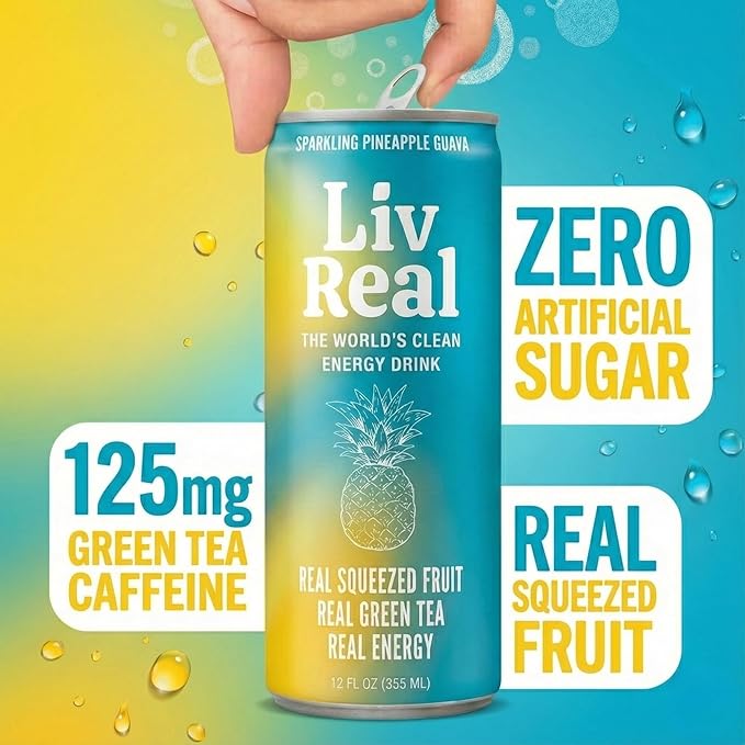 LivReal Clean Energy Drink – Organic Green Tea Caffeine 125mg + L-Theanine 100mg – Real Fruit No Sweeteners or Flavorings – Vitamin C &amp B Complex – Sparkling Variety Pack Water – 12 Pack 12 fl o