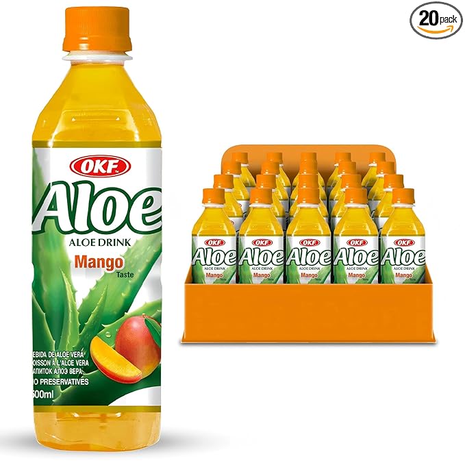 OKF Aloe Vera Drink Juice with Pure Aloe Pulp Variety 16.9 oz. (Mango Pack of 20) Plant Based Drink Korean drinks