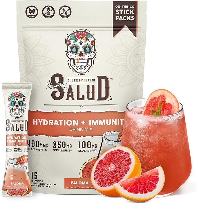 Salud 2-in-1 Hydration Packets + Immunity Electrolytes Powder Paloma - Agua Fresca Drink Mix Elderberry Dairy &amp Soy Free Non-GMO Gluten Free Vegan Low Calorie 1g Sugar (15 Servings)