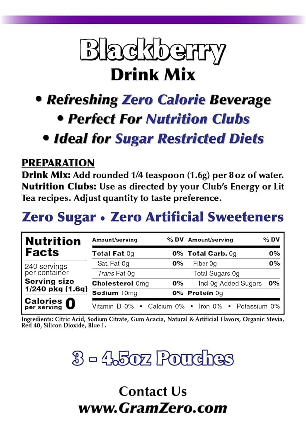 GramZero Blackberry Zero Calorie Sugar Free Drink Mix Great For Nutrition Club Loaded Tea Stevia Sweetened