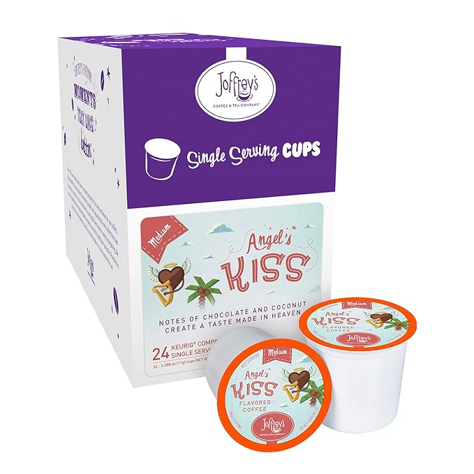 Joffrey's Coffee - Angel's Kiss Flavored Coffee Artisan Medium Roast Arabica Coffee Beans Chocolate &amp Coconut Cream Flavor K-Cup 2.0 Compatible (Single Serve Cup 24 Count)