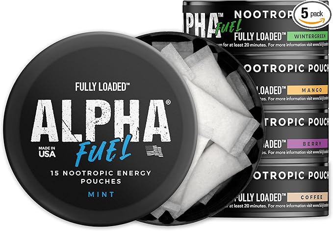Fully Loaded Alpha Fuel Nootropic Pouches (Variety Fuel) - 5 cans - 15 Pouches per can - Nootropic Energy Pouches with Caffeine Alpha GPC Tyrosine Taurine Guarana and More