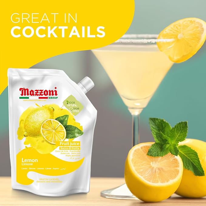 Mazzoni - Lemon Juice 100% Pure Lemon Just Juice No Sugar Added Not from Concentrate No Added Ingredients Mixer for Cocktails Drinks Smoothies – 2.2 lb Convenient Pouch Made in Italy