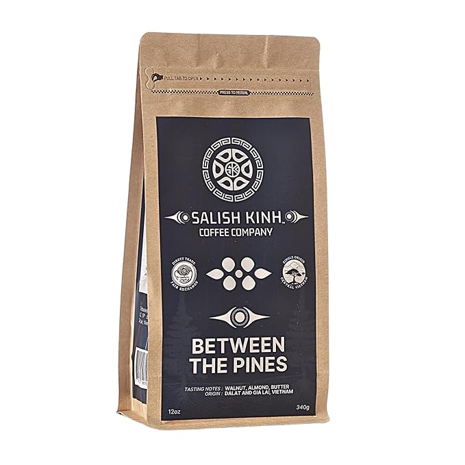 SALISH KINH Whole Bean Coffee | Between the Pines | 12 oz Bag | Medium Dark Roast | 60% Arabica &amp 40% Robusta | Specialty Grade | Single Origin | Direct Trade | Indigenous Produced